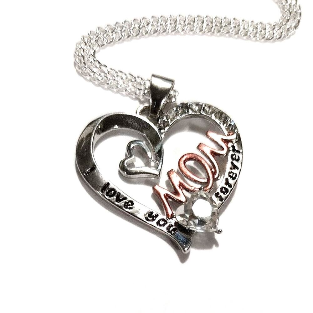 Mom Mother Necklace I Love You Forever 925 Sterling Silver Chain Pink Gift NEW!